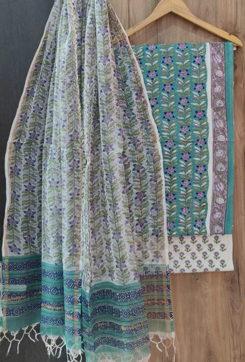 Floral Hand Block Print Cotton Suit Set with Kota Doria Dupatta (3CKD73)